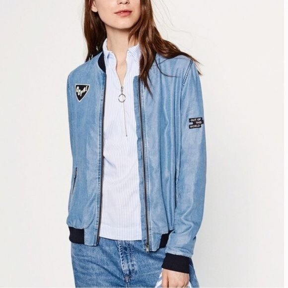 Say What? Denim Bomber Jacket With Patches & Ribbed Trim - Picture 7 of 8